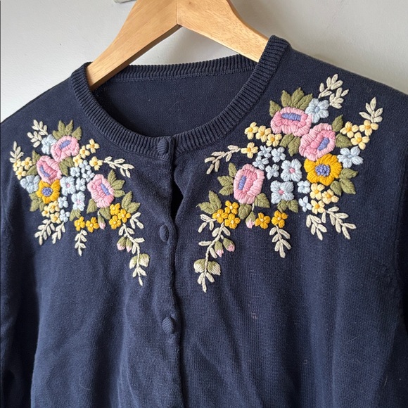 Vintage Floral Embroidered Cotton Cardigan Navy Cottagecore Sweater S/M - Picture 4 of 9